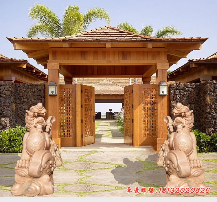 晚霞红踩球门口貔貅石雕