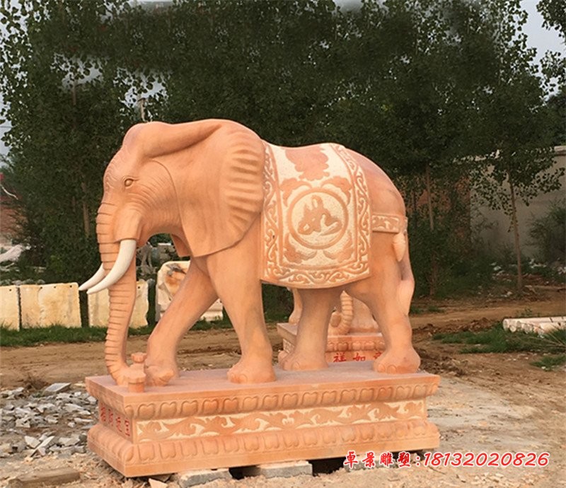 晚霞红吉祥大象   石雕公园动物雕塑