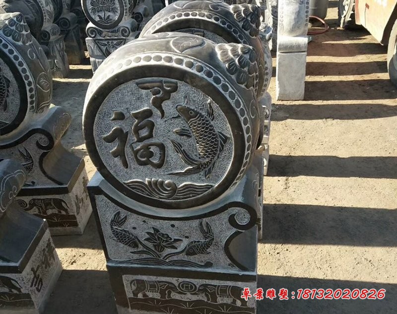 晚霞红鲤鱼抱鼓石 门墩石雕