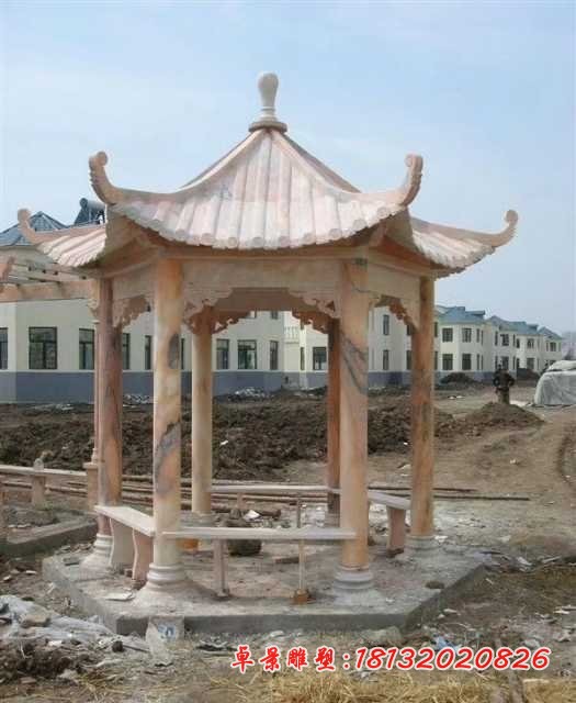 晚霞红凉亭石雕公园六角凉亭石雕