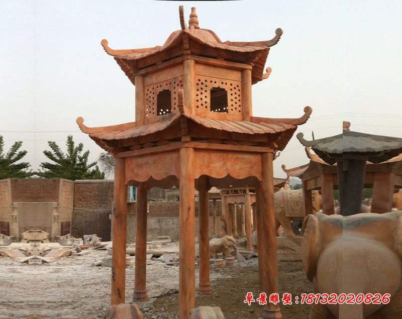 晚霞红六角凉亭   石雕公园景观摆件