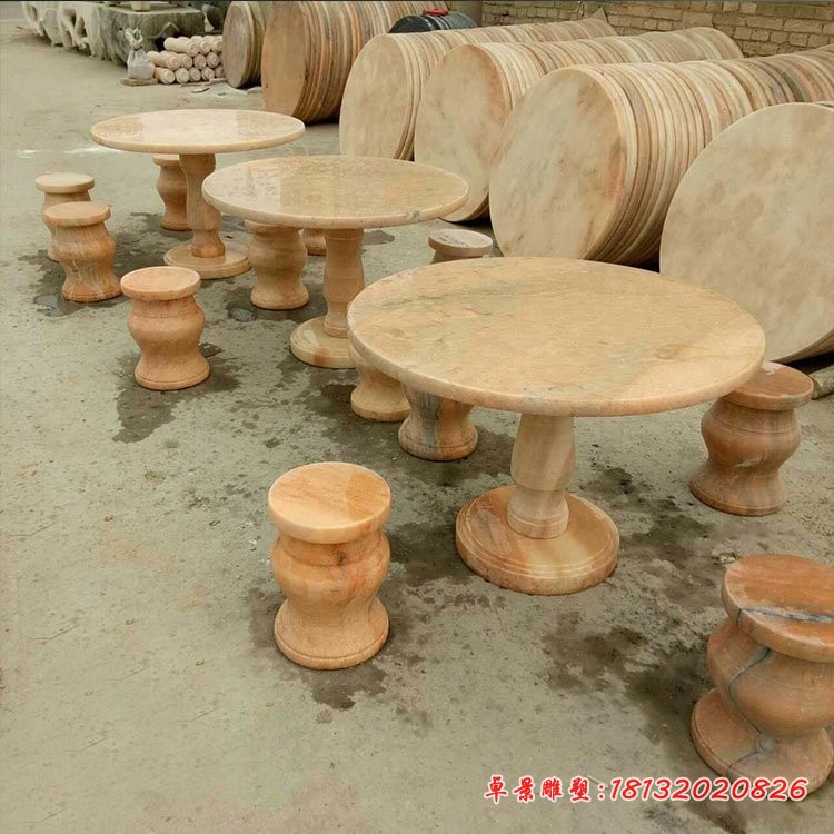 晚霞红石雕桌凳    石雕公园景观摆件