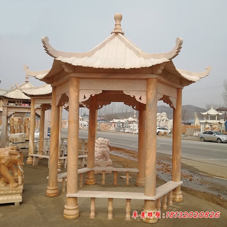 晚霞红四角凉亭 公园凉亭石雕 