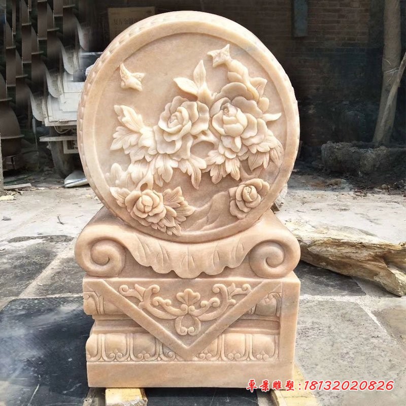 晚霞红牡丹浮雕石门墩