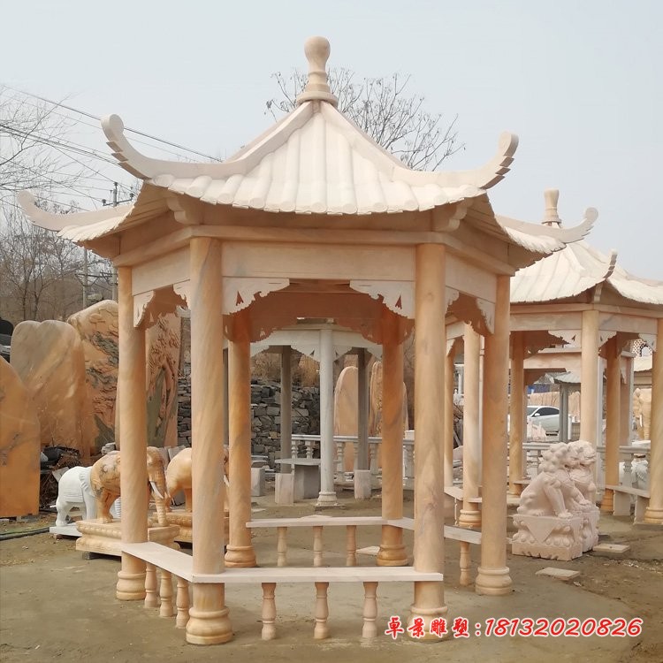 小区晚霞红六角凉亭石雕