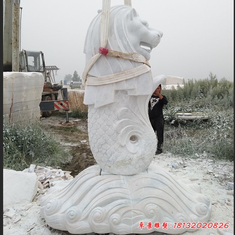 鱼尾狮石雕，汉白玉景观雕塑