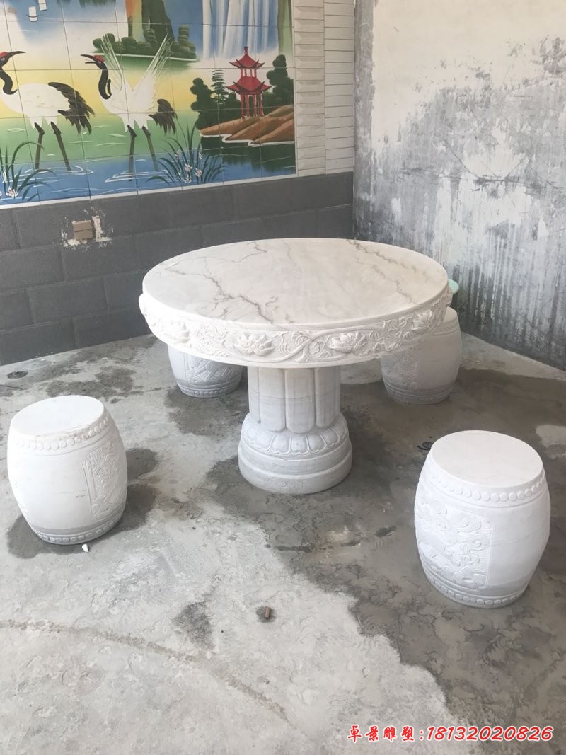 圆桌圆凳石雕，大理石庭院石桌椅