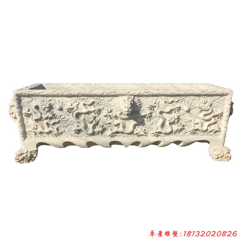 长形水缸石雕，龙浮雕水盆