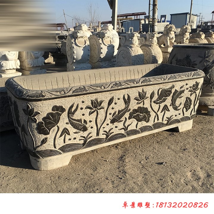 长形水缸石雕，青石水盆