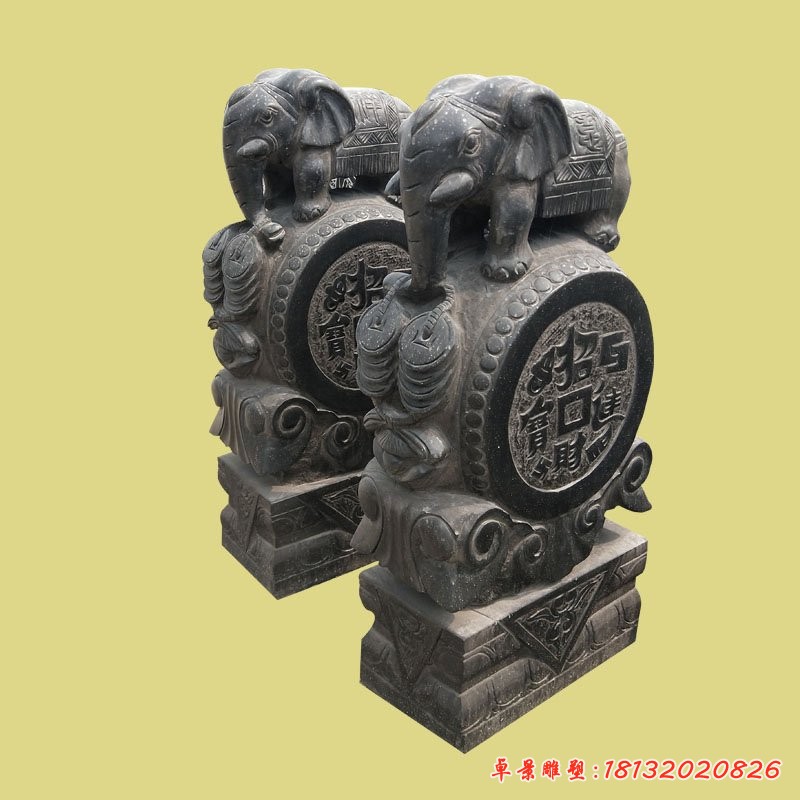 招财门墩石雕，小象石门墩