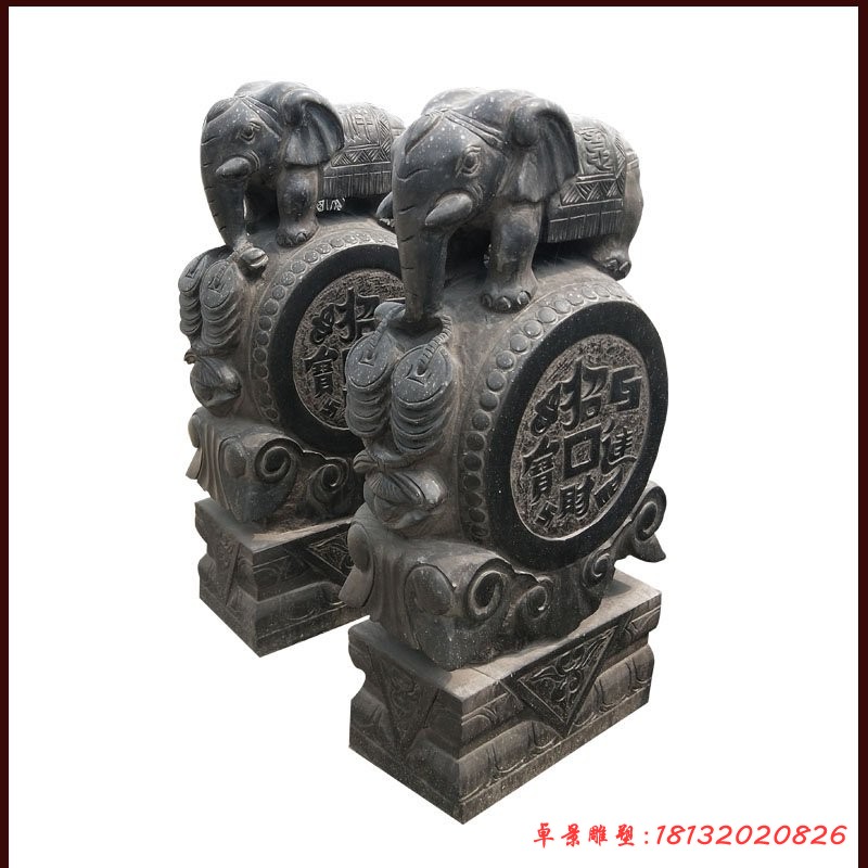 招财门墩石雕，小象石门墩 