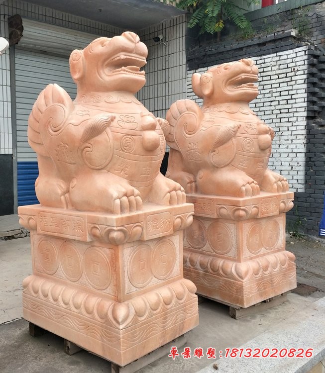 招财貔貅雕塑晚霞红门口貔貅石雕  