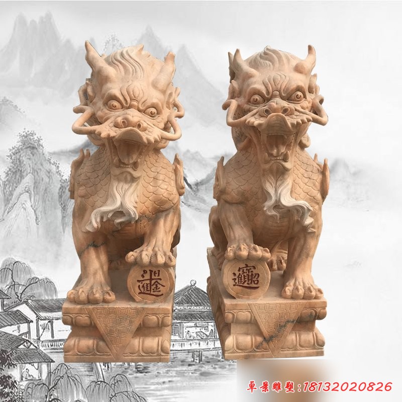 招财麒麟石雕，晚霞红麒麟石雕