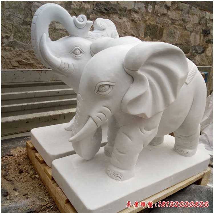 招财小象石雕，汉白玉小象摆件 