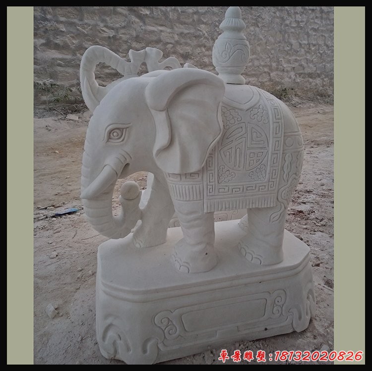 招财小象石雕，汉白玉小象摆件 