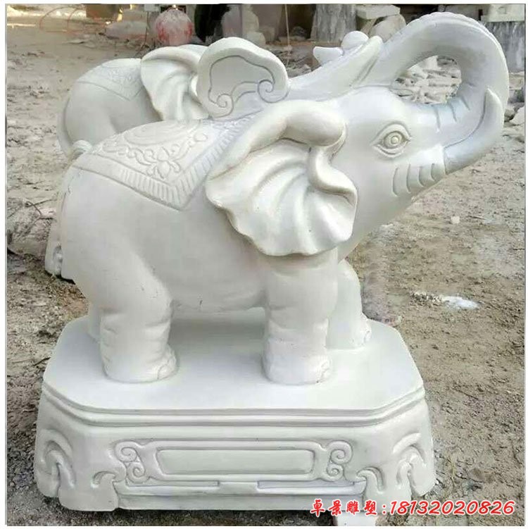 招财小象石雕，汉白玉小象摆件 