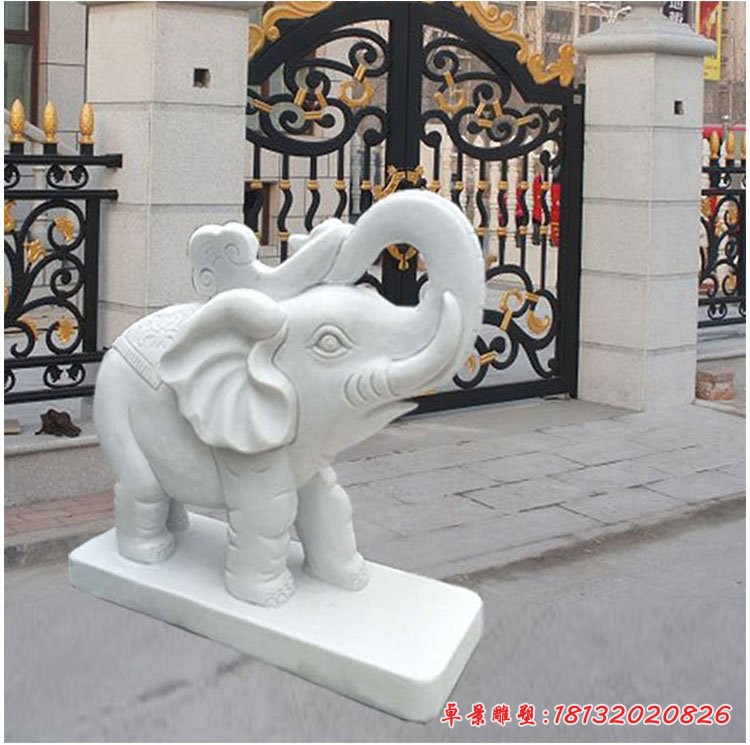 招财小象石雕，汉白玉小象摆件 