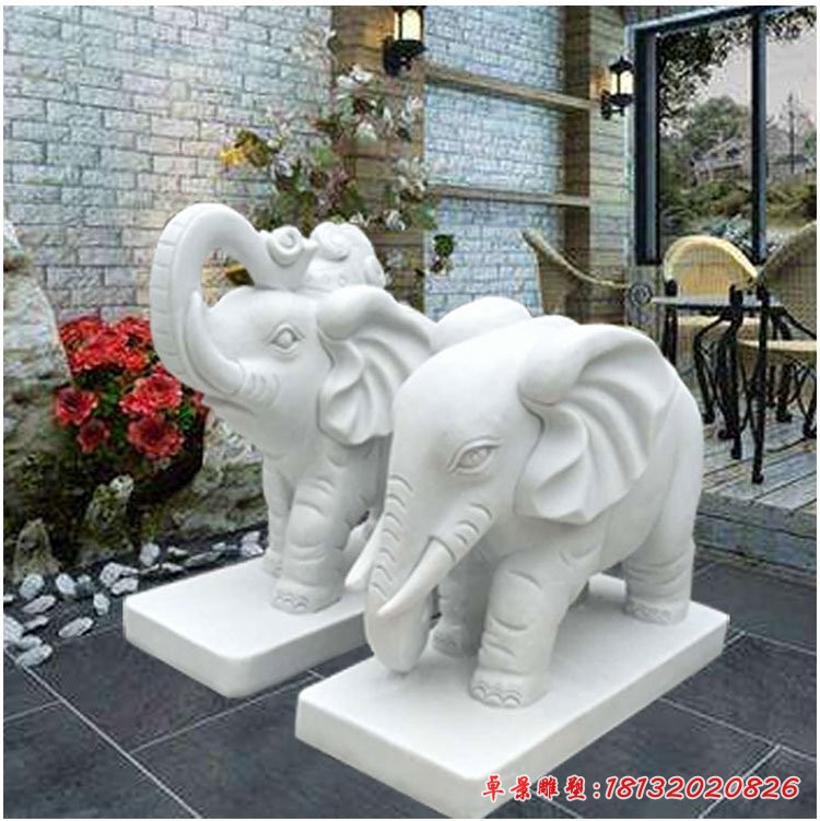招财小象石雕，汉白玉小象摆件