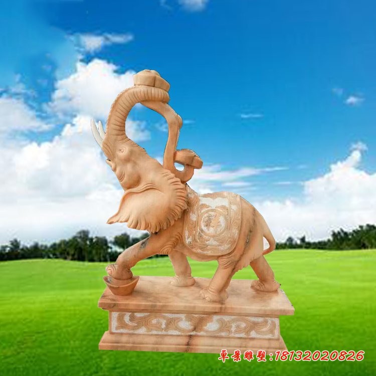 鼻卷如意的大象石雕，晚霞红招财大象石雕