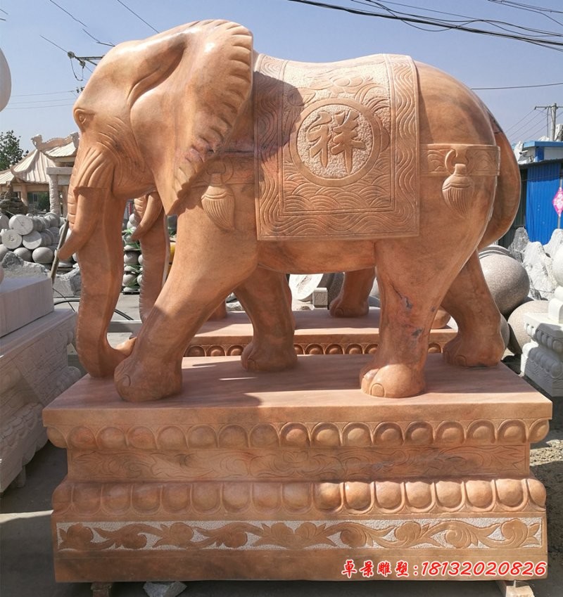 鼻卷如意元宝的大象石雕晚霞红门口镇宅石雕大象