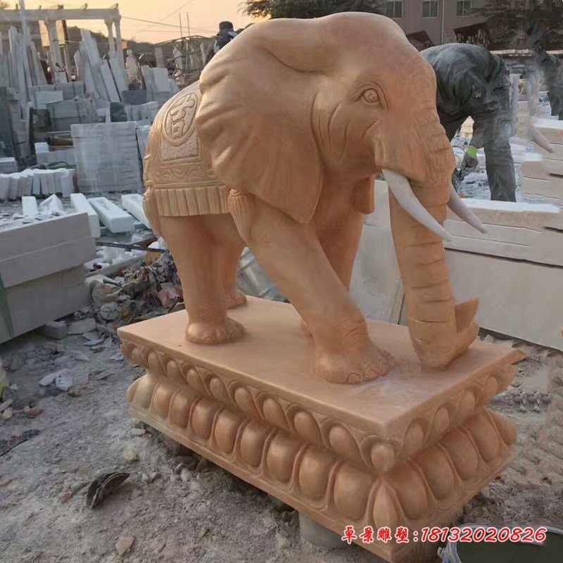 鼻卷如意元宝的大象石雕晚霞红门口镇宅石雕大象 