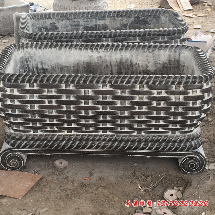 编织花纹浮雕水缸，公园青石仿古水缸石雕