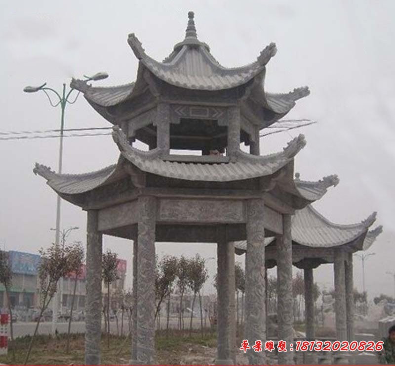 大理石六角双层凉亭石雕，园林景观石雕