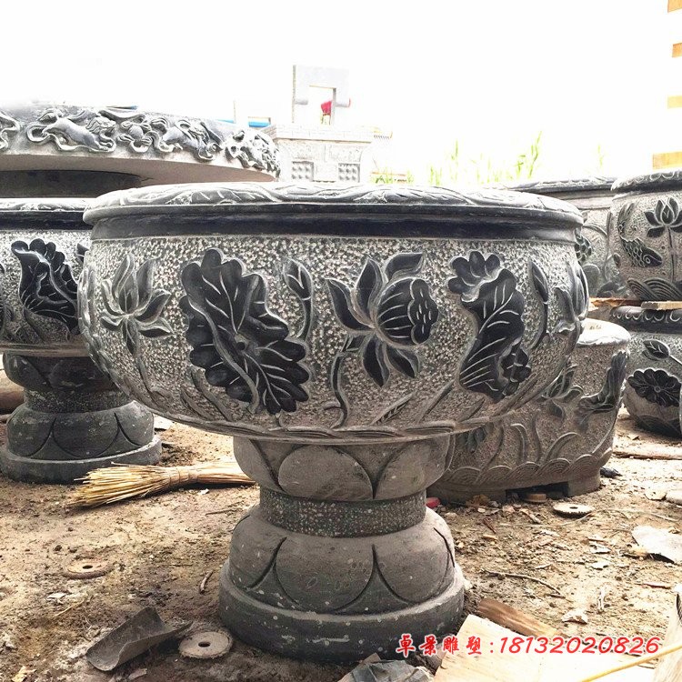 仿古荷花浮雕水缸，公园仿古荷花缸石雕 