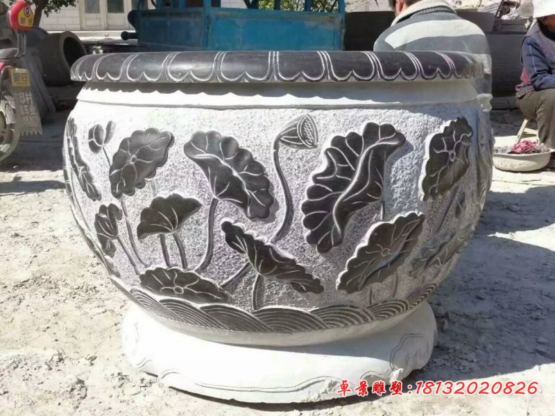 仿古荷花浮雕水缸，公园仿古荷花缸石雕