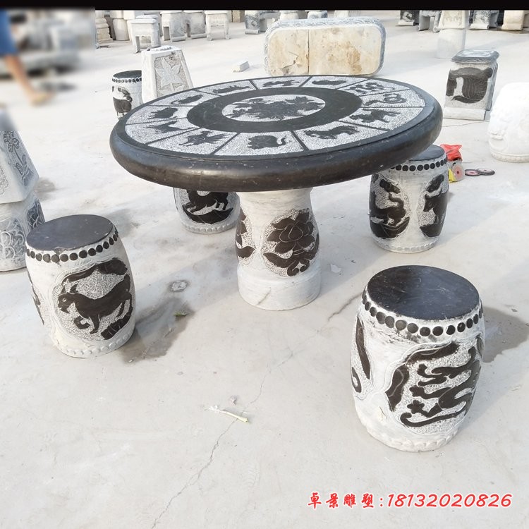 仿古十二生肖浮雕桌凳庭院圆形桌凳石雕