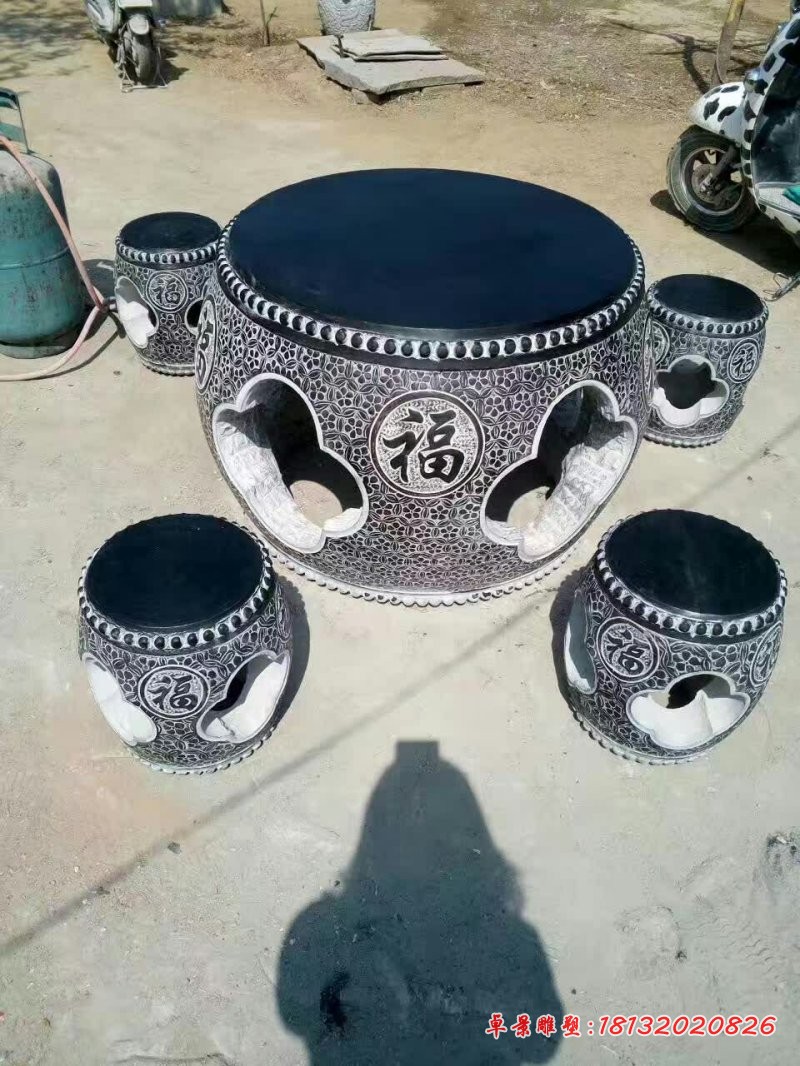 福字浮雕圆桌凳，庭院石雕桌凳