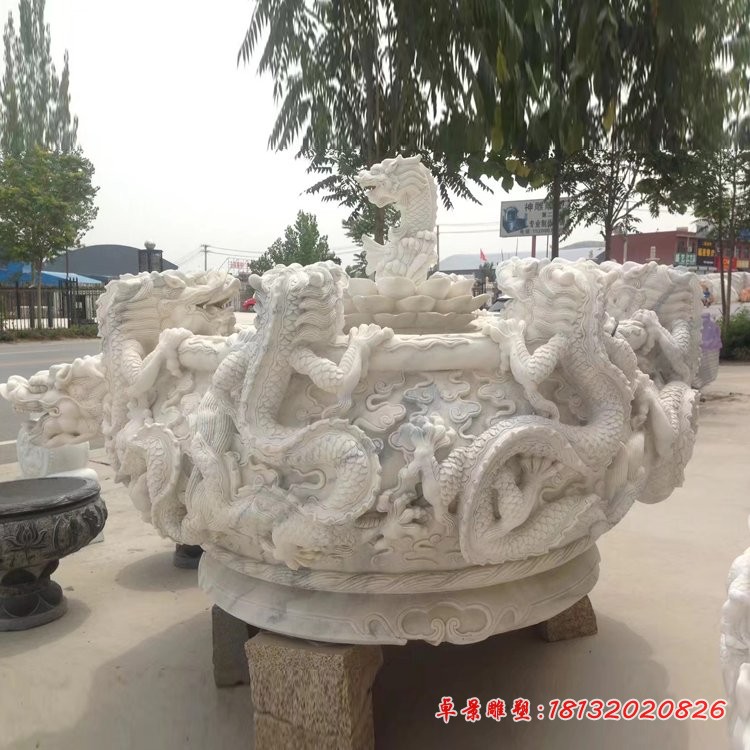 汉白玉龙浮雕水缸 庭院荷花缸石雕