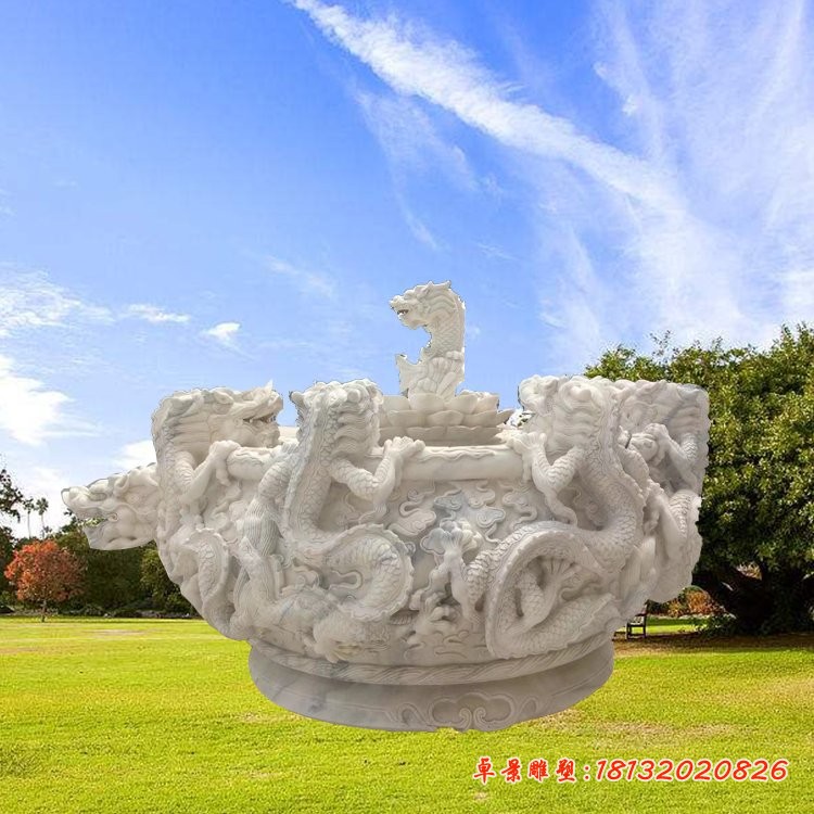 汉白玉龙浮雕水缸 庭院荷花缸石雕