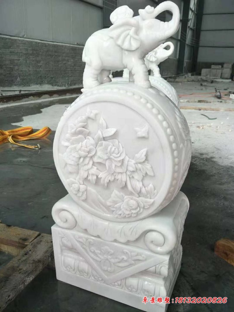 汉白玉大象门墩，门口招财门墩石雕