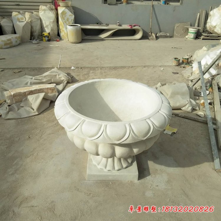 汉白玉花盆石雕，公园石雕花盆 (2)