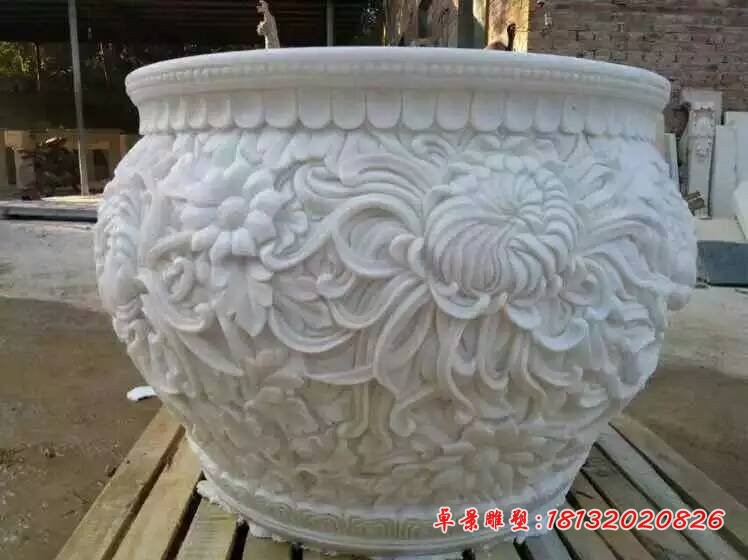 汉白玉菊花浮雕水缸，庭院荷花缸石雕