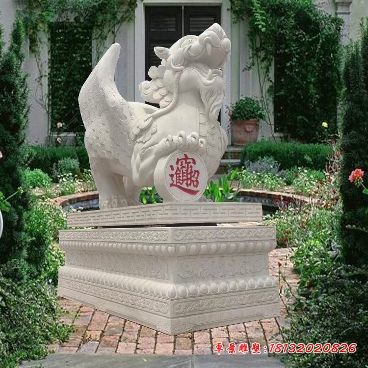 汉白玉立式招财进宝貔貅 门口招财石雕貔貅