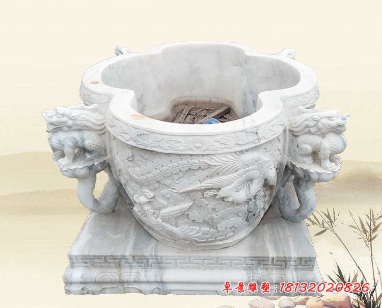 汉白玉龙浮雕荷花缸 庭院石雕水缸