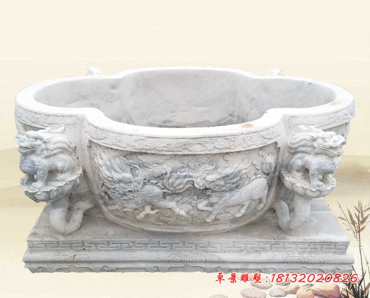 汉白玉龙浮雕荷花缸 庭院石雕水缸