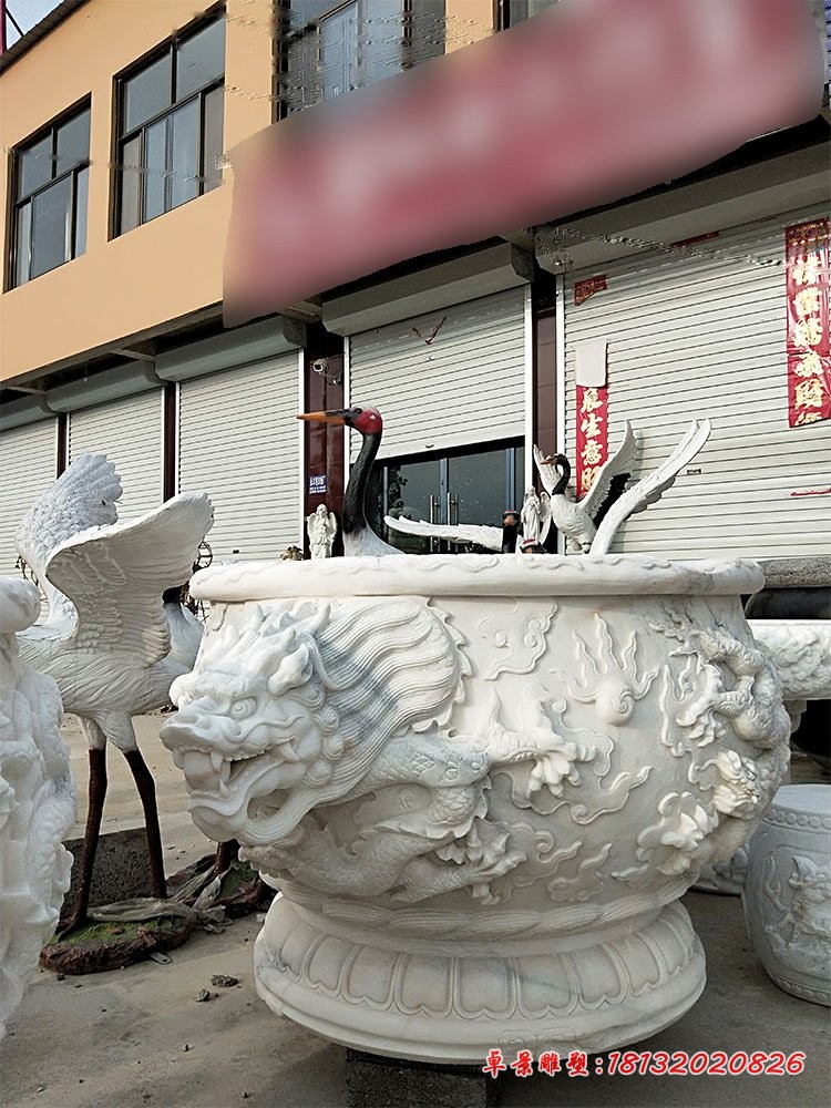 汉白玉龙浮雕水缸，庭院圆形水缸石雕