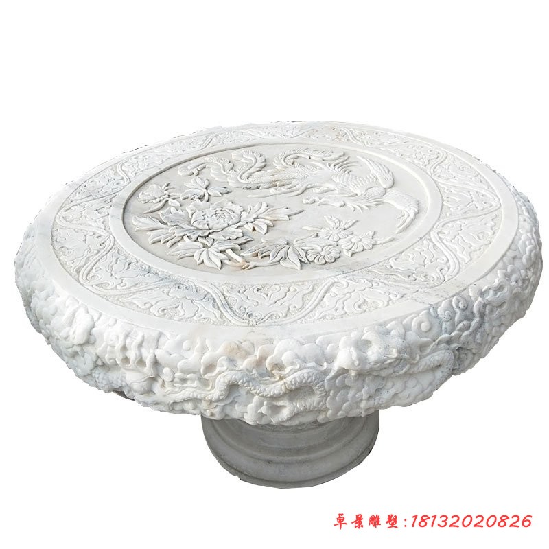 汉白玉龙和牡丹浮雕桌凳，庭院圆形桌凳石雕