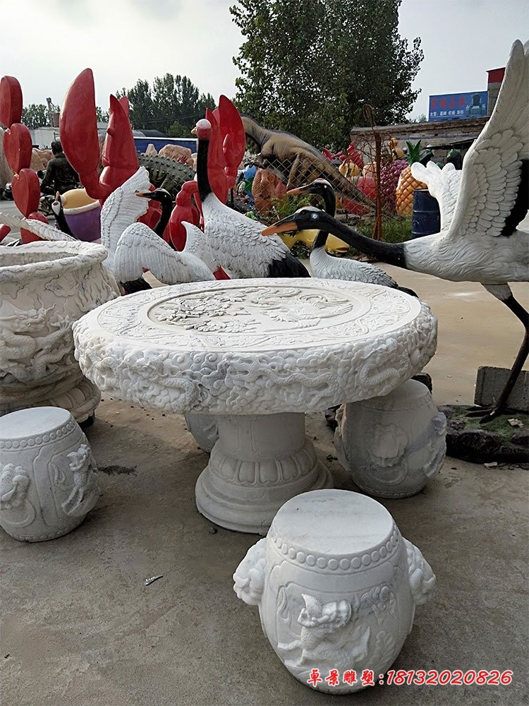汉白玉龙和牡丹浮雕桌凳，庭院圆形桌凳石雕 