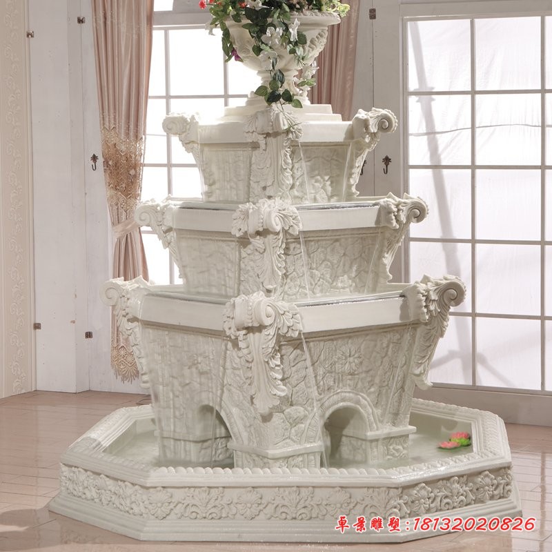 汉白玉欧式喷泉石雕，别墅三层喷泉石雕 