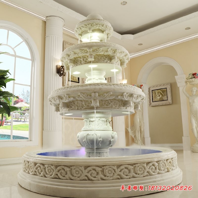 汉白玉欧式三层喷泉，别墅石雕喷泉