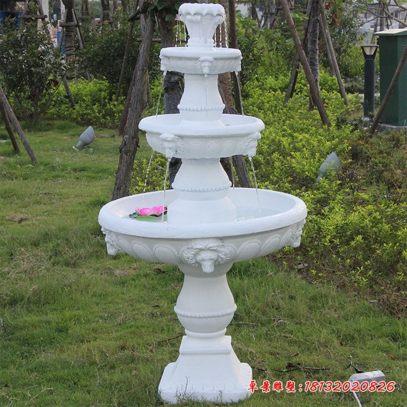 汉白玉三层喷泉石雕别墅流水石钵