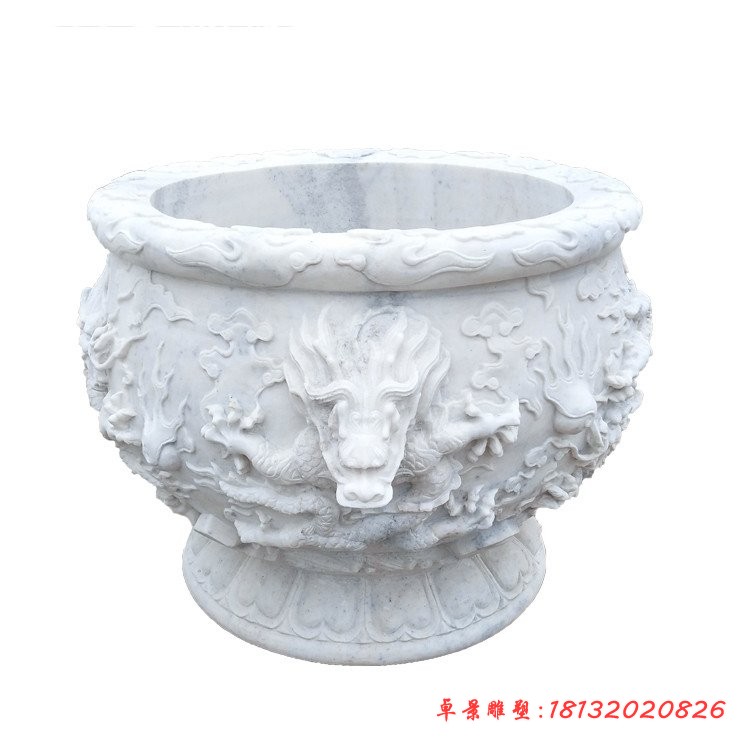 汉白玉圆形荷花缸石雕 庭院龙浮雕水缸石雕