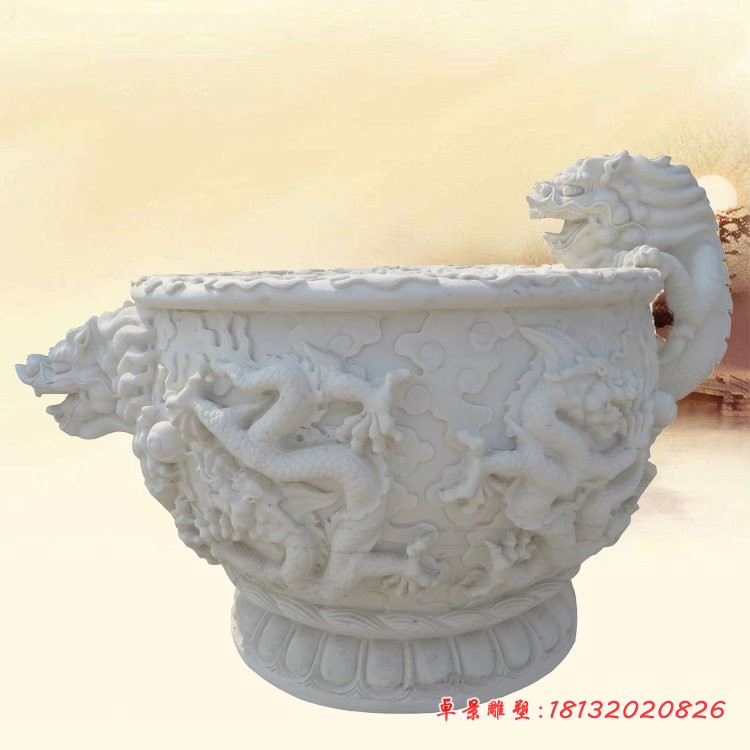 汉白玉圆形荷花缸石雕，龙浮雕水缸