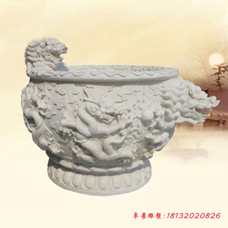 汉白玉圆形荷花缸石雕，龙浮雕水缸 (2)