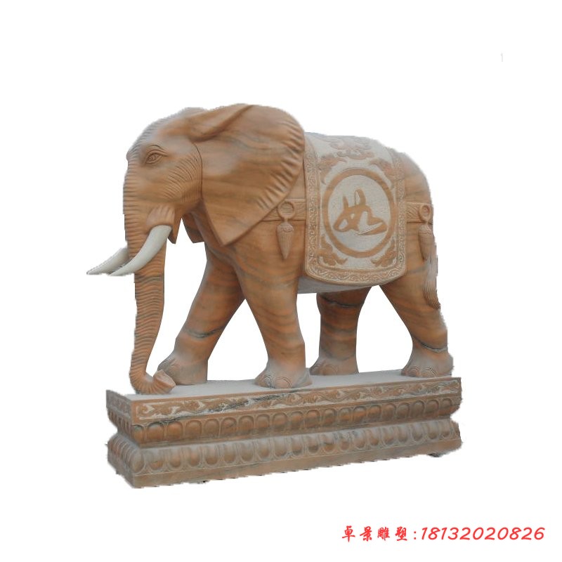 吉祥如意大象石雕，晚霞红门口大象 