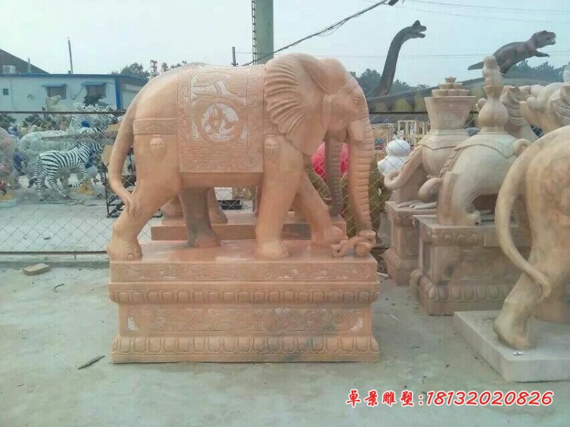 吉祥如意大象石雕 晚霞红镇宅大象石雕